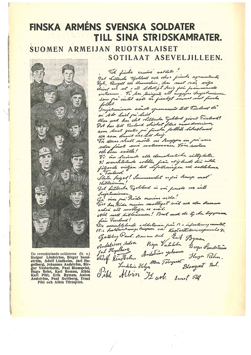 Öppna bilden Handskrivet flygblad med rubriken "Finska arméns svenska soldater till sina stridskamrater" i en ny flik