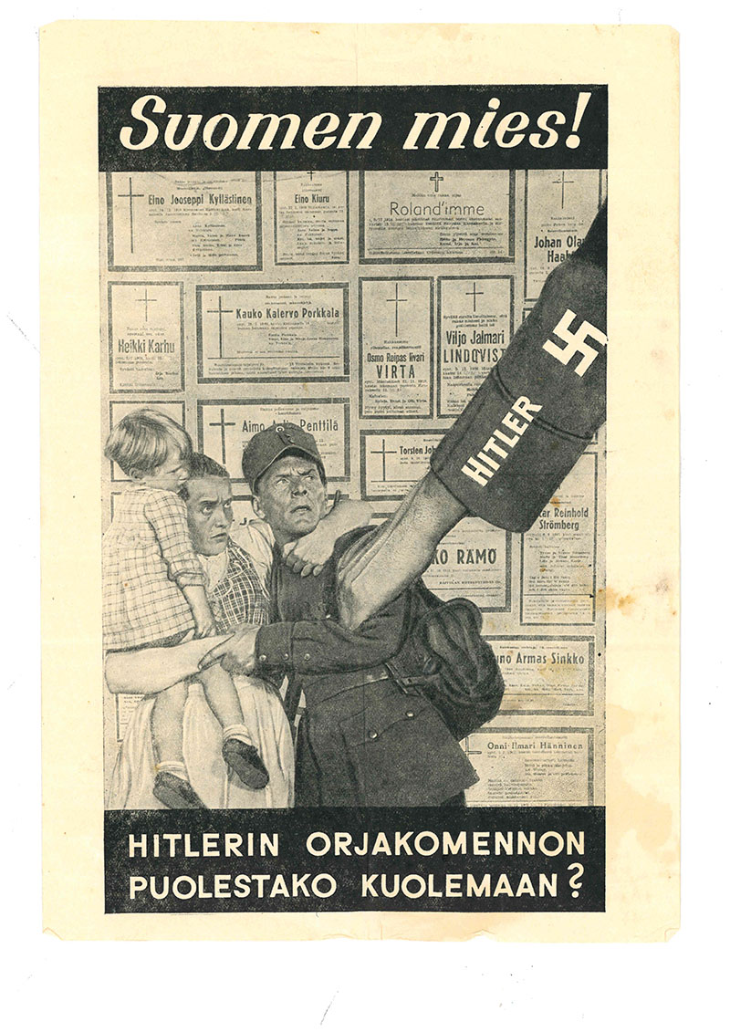 Öppna bilden Flygblad riktat till finska män där det ifrågasätts om de är villiga att dö för Hitlers slavkommando i en ny flik