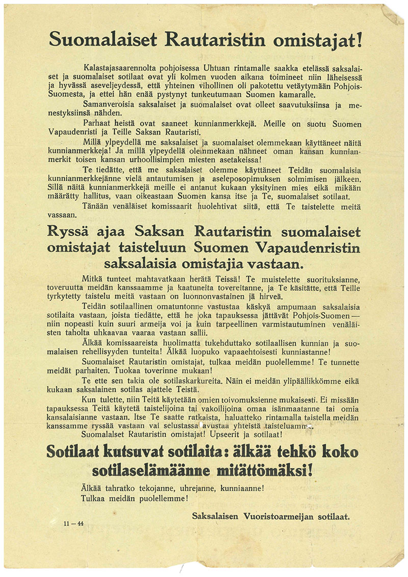 Öppna bilden Flygblad där soldater i tyska bergsarmén uppmanar andra att gå över till deras sida i en ny flik