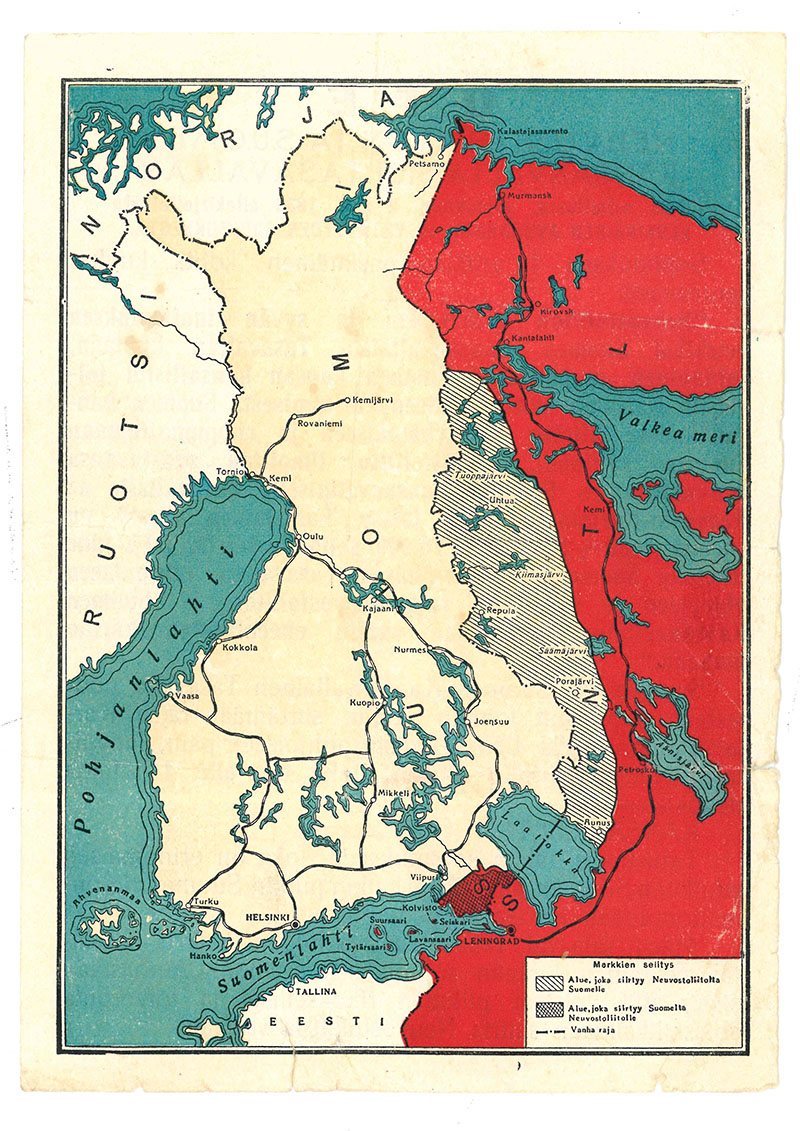 Öppna bilden Flygblad med en karta över Finland och Finlands och Rysslands gamla och nya gränser i en ny flik