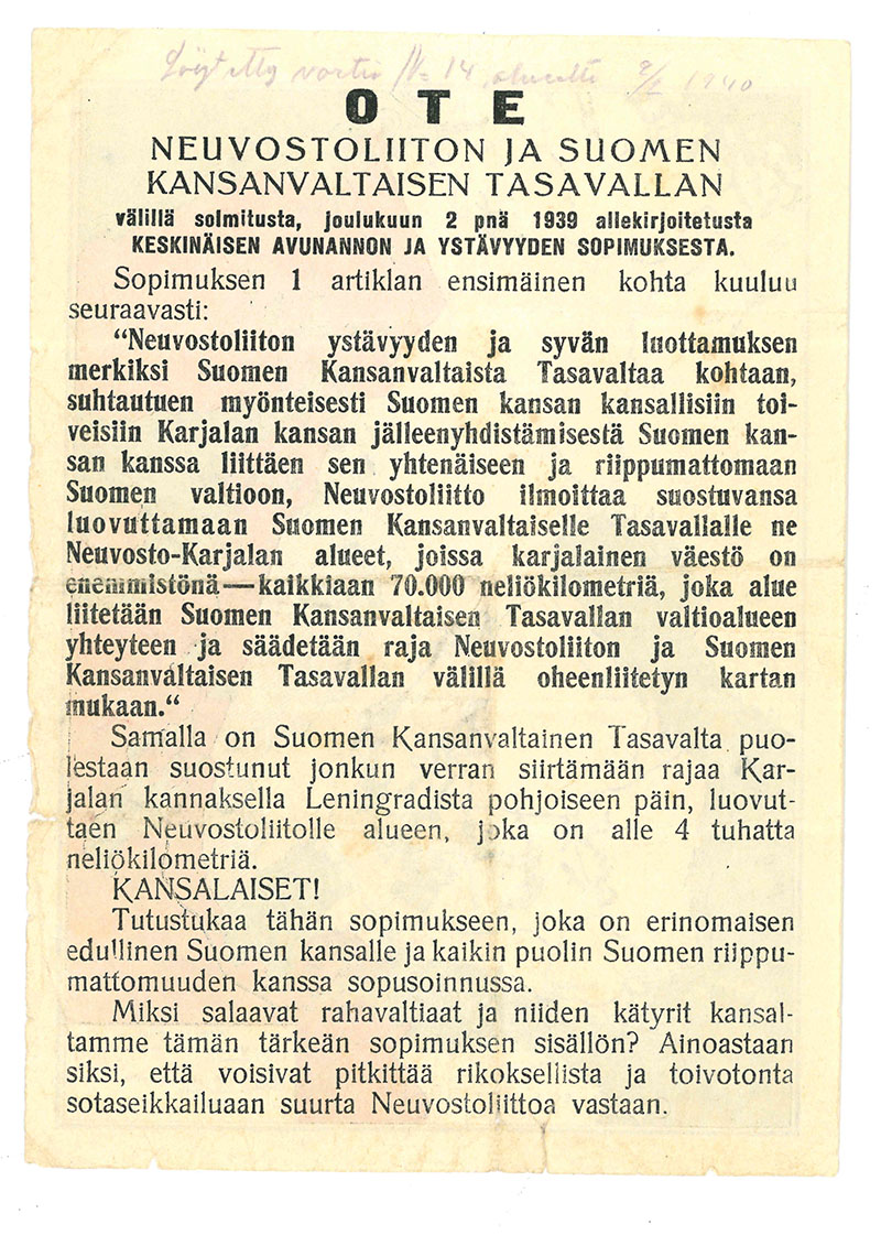 Öppna bilden Utdrag ur avtalet om ömsesidigt bistånd och vänskap mellan Sovjetunionen och Finlands demokratiska republik i en ny flik