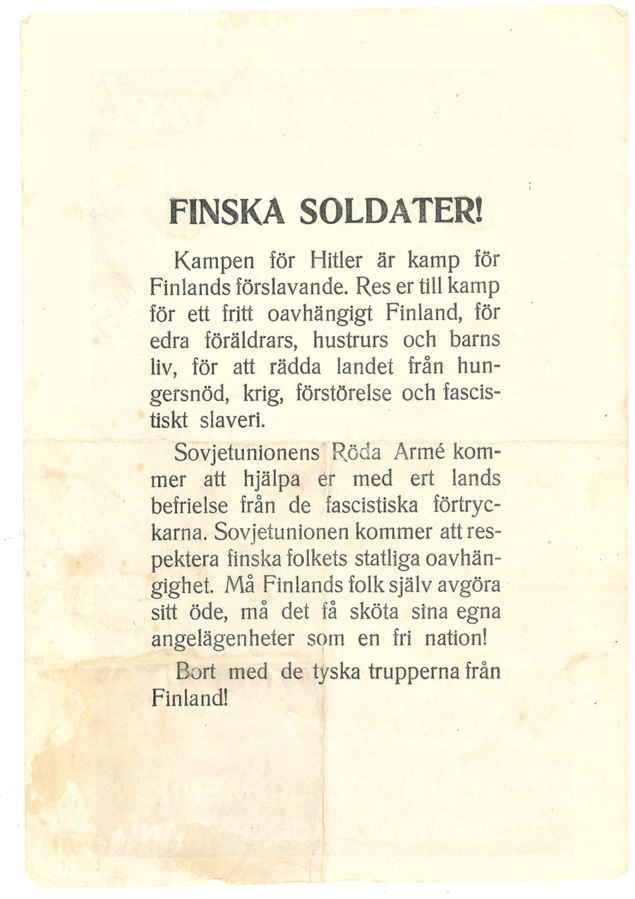 Öppna bilden Flygblad på svenska riktat till finska soldater i en ny flik