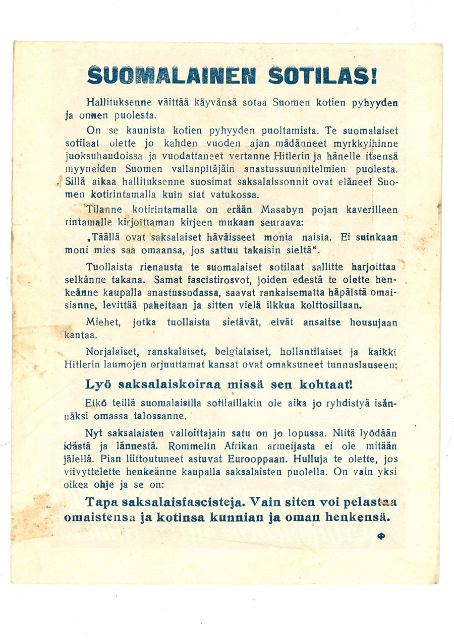 Öppna bilden Flygblad riktat till en finsk soldat som uppmanar finska soldater att rycka upp sig och döda tyskfascister i en ny flik