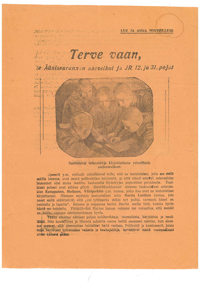 Öppna bilden Flygblad som slår hål på rykten om Röda arméns krigsfångar och berättar att alla fångar mår bra i en ny flik