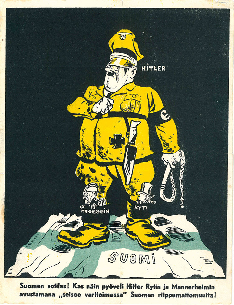 Flygblad där Hitler står på Finlands flagga