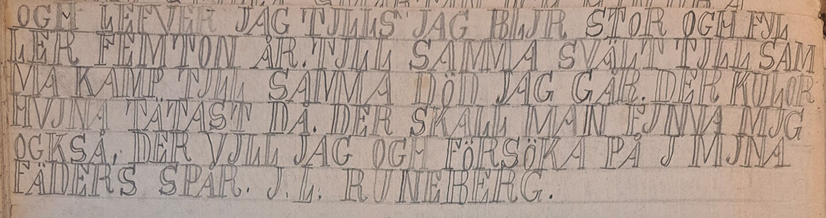En handskriven dikt av Matts Jansson: J. L. Runebergs "Soldatgossen"